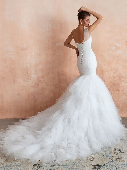 Mermaid Wedding Dress 2021 Beaded V Neck Sleeveless Bridal Gowns With Train