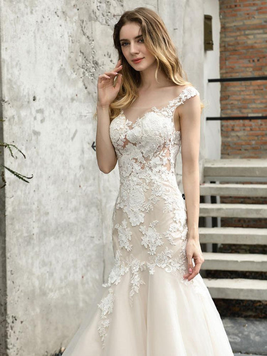 Wedding Dress Jewel Neck Sleeveless Natural Waist Lace Bridal Mermaid Dress With Train