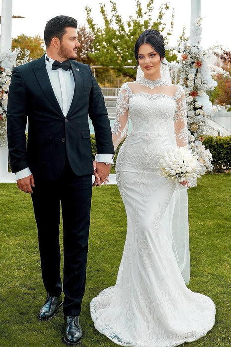 Gorgeous High Neck Mermaid Wedding Gown Lace Appliques with Sleeves