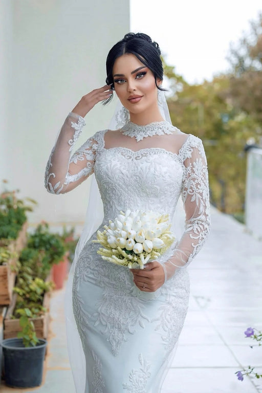 Gorgeous High Neck Mermaid Wedding Gown Lace Appliques with Sleeves