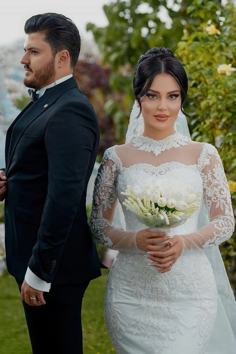 Gorgeous High Neck Mermaid Wedding Gown Lace Appliques with Sleeves