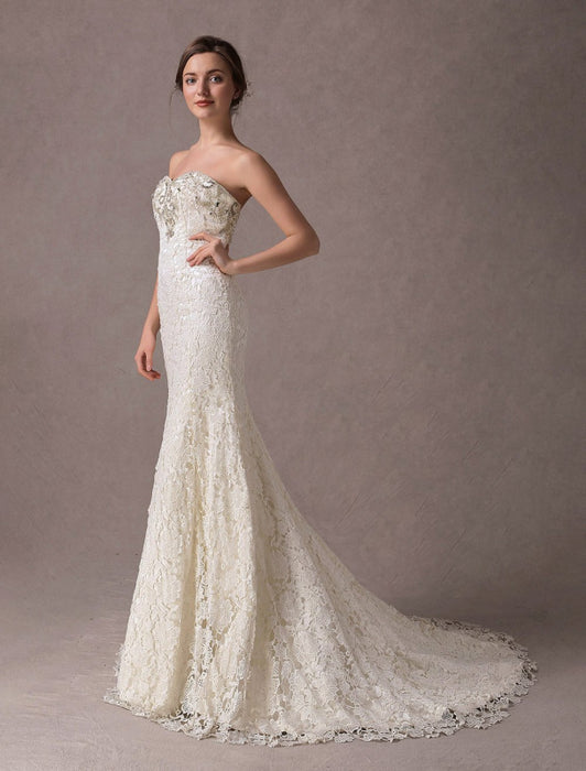 Mermaid Wedding Dresses Lace Strapless Ivory Sweetheart Beaded Bridal Dress With Train