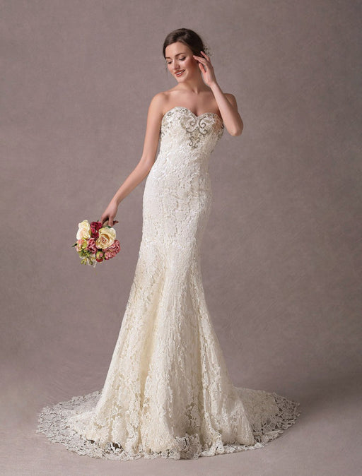 Mermaid Wedding Dresses Lace Strapless Ivory Sweetheart Beaded Bridal Dress With Train