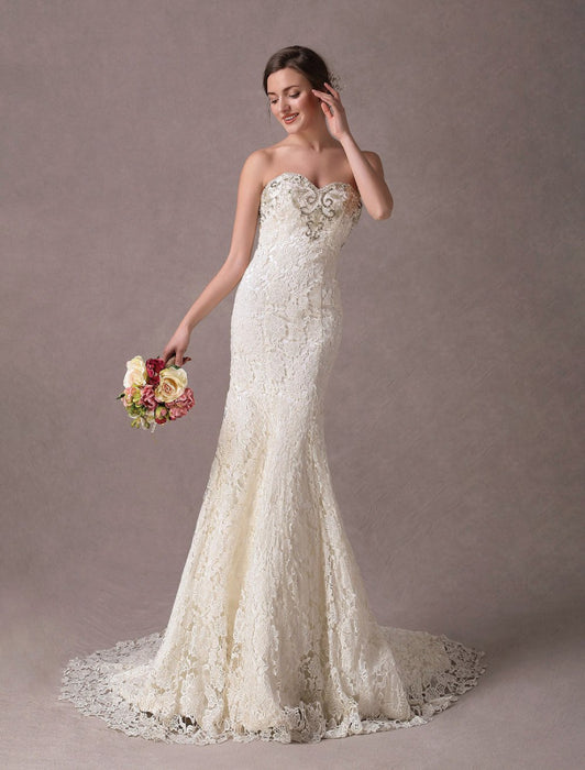 Mermaid Wedding Dresses Lace Strapless Ivory Sweetheart Beaded Bridal Dress With Train