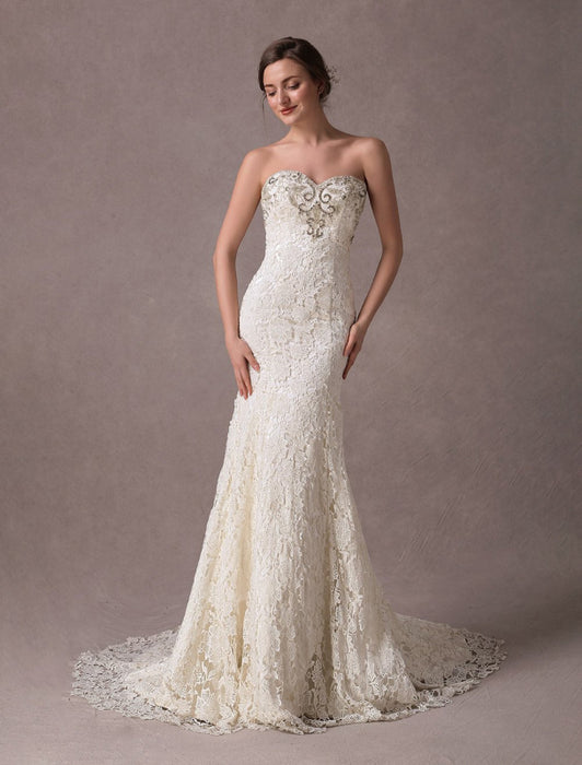 Mermaid Wedding Dresses Lace Strapless Ivory Sweetheart Beaded Bridal Dress With Train
