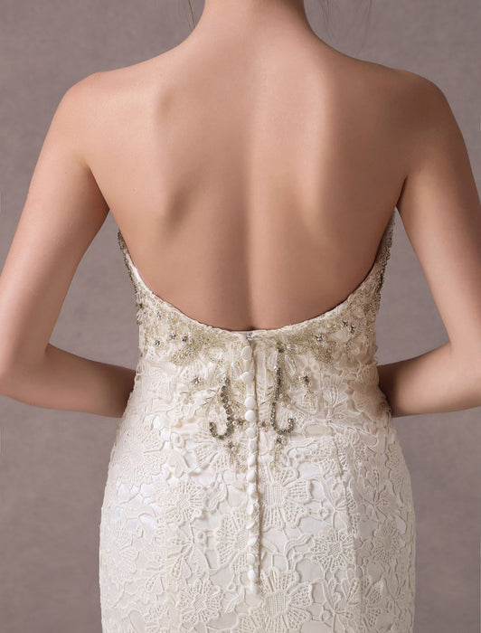 Mermaid Wedding Dresses Lace Strapless Ivory Sweetheart Beaded Bridal Dress With Train