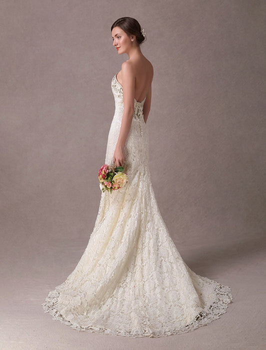 Mermaid Wedding Dresses Lace Strapless Ivory Sweetheart Beaded Bridal Dress With Train