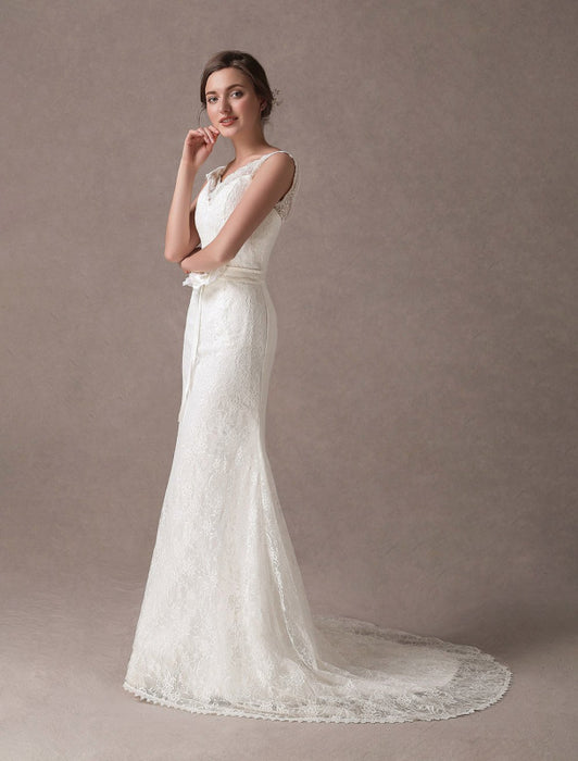 Mermaid Wedding Dresses Lace V Neck Flower Sash Ivory Bridal Dress With Train