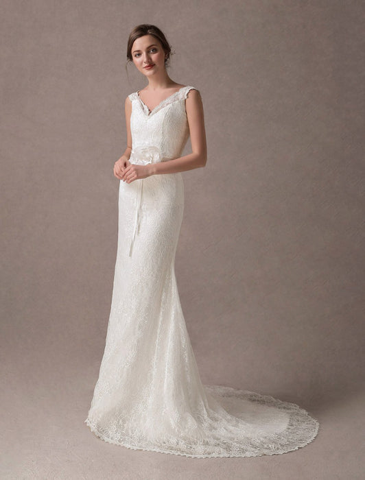 Mermaid Wedding Dresses Lace V Neck Flower Sash Ivory Bridal Dress With Train