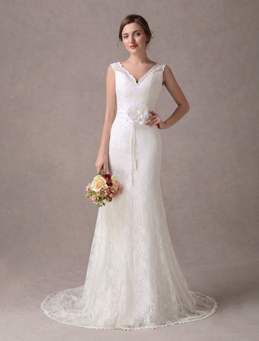 Mermaid Wedding Dresses Lace V Neck Flower Sash Ivory Bridal Dress With Train