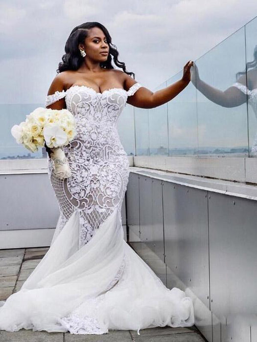 fitted lace wedding dress Plus Size Off-Shoulder Mermaid Wedding Dress with Sleeves