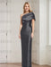 Side view of the black mikado draped column gown