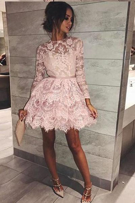Mini Long Sleeve Lace Cocktail Dress Homecoming & Sweet 16 - Bridelily Mini Long Sleeve Lace Cocktail Dress Homecoming & Sweet 16 - Bridelily