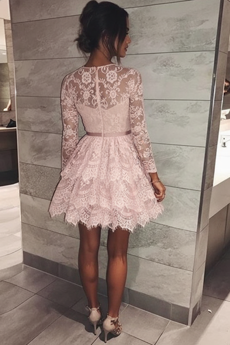 Mini Long Sleeve Lace Cocktail Dress Homecoming & Sweet 16 - Bridelily Mini Long Sleeve Lace Cocktail Dress Homecoming & Sweet 16 - Bridelily