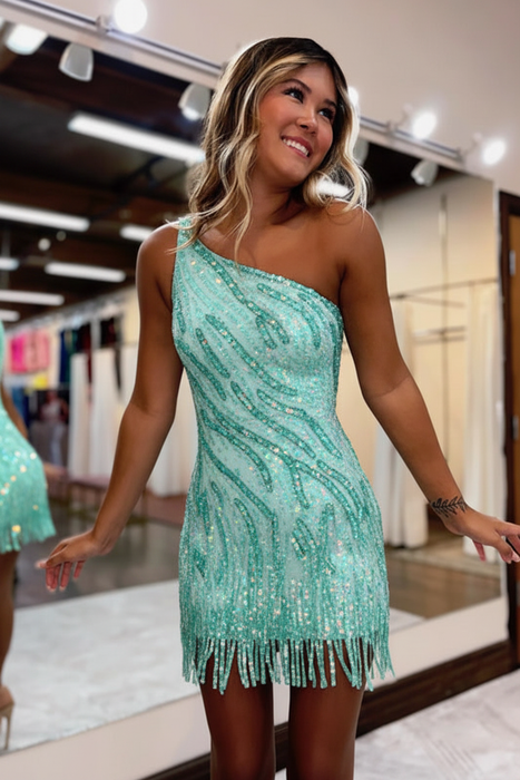 Mint Bling One Shoulder Sequins Short Homecoming Dress Party Dresses