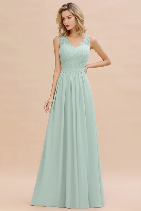 Mint Modest Floral Lace A-line Bridesmaid Dress V-Neck Floor Length Chiffon Wedding Guest Dress 