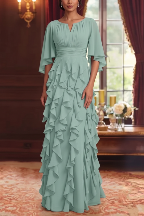 Mint Chiffon Mother of the Bride Dress Flutter Sleeves with Cascading Ruffles