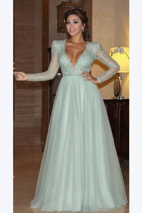 Mint Elegant Long Sleeve Formal Dress with Beads A Line Sparkle V Neck Evening Dresses - Prom Dresses