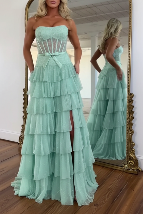 Mint Glitter Strapless Tiered Ruffle Corset Prom Dress Long with Slit