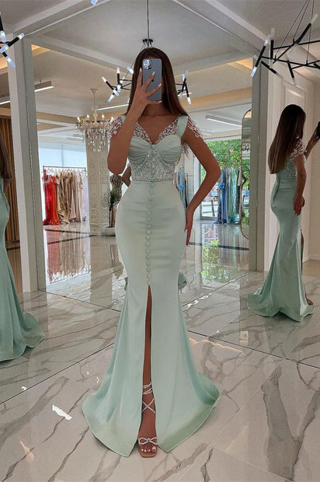 Mint Green Cap-Sleeve Prom Dress with Front Slit and Button Beads