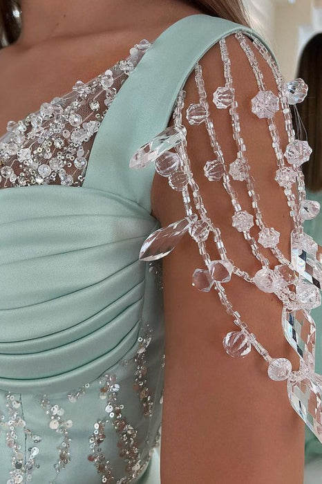 Mint Green Cap-Sleeve Prom Dress with Front Slit and Button Beads