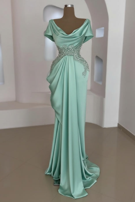Mint Green Scoop Neck Ruffles Satin Prom Dress Mermaid Sleeveless Evening Dress with Beads