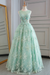 Mint Green Sheer Neck Tulle Lace Prom Dresses Aline with Appliques