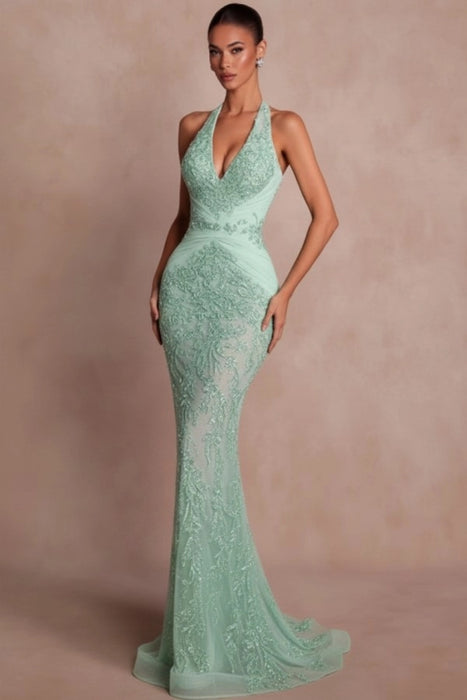 Halter Dark Green Mermaid Prom Dress Glitter Sequins Evening Gown
