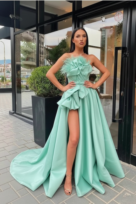 Mint Raven Feather Split Long Prom Gown