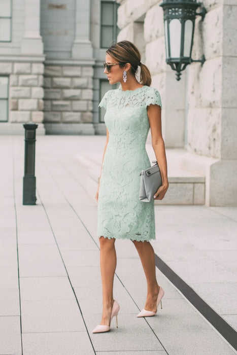 Mint Lace Formal Dresses Knee Length Mother of the Bride Dress Cap Sleeves