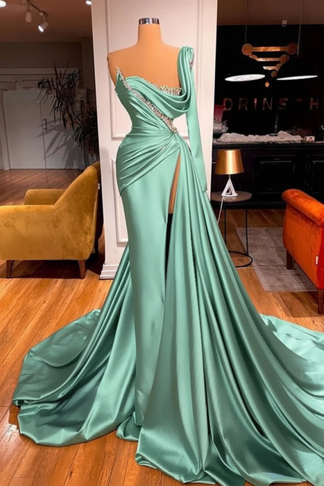 Mint One Shoulder Mermaid Prom Dress Beaded with Split