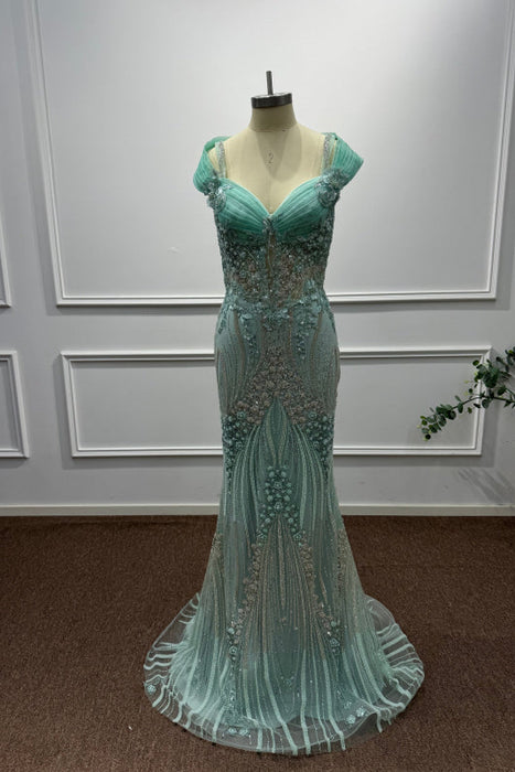 Mint Off-the-Shoulder Sequins Mermaid Prom Dress - Prom Dresses