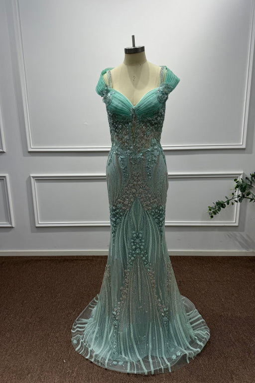Mint Off-the-Shoulder Sequins Mermaid Prom Dress - Prom Dresses