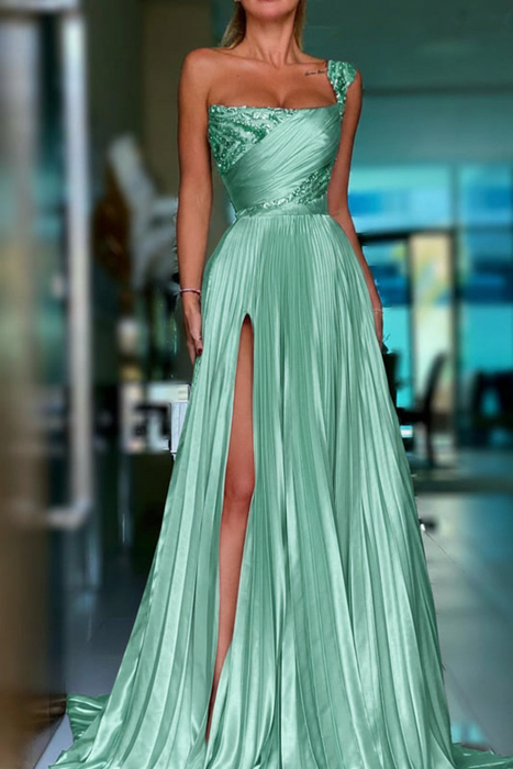Mint Pleated A-Line One Shoulder Prom Dress Gown with Front Split - Prom Dresses