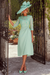 Mint Floral Round Neck Satin Midi Mother Of The Bride Dress with Sleeves