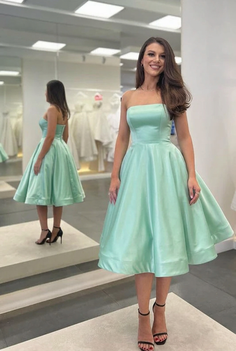 Mint Satin Strapless Prom Dress