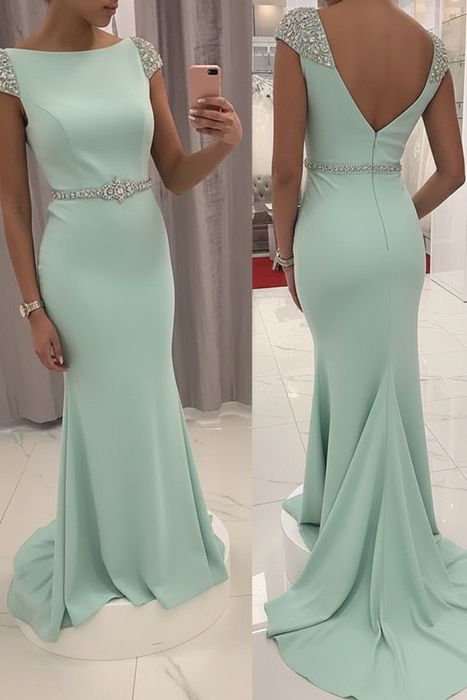 Mint Sequined Fitted Cap Sleeve Mermaid Prom Dress Formal Gown - Prom Dresses