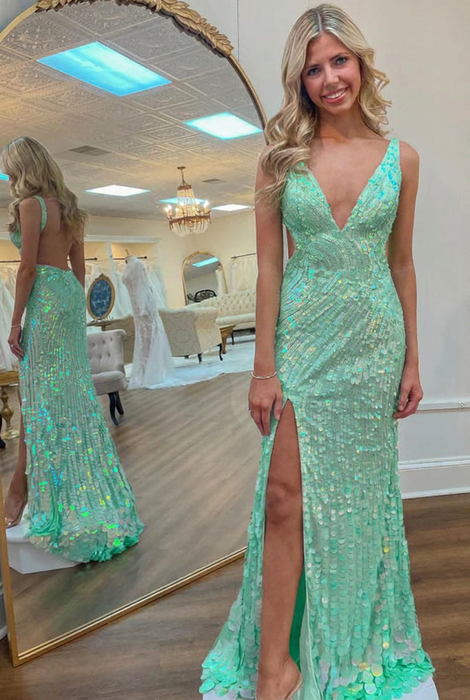 Mint Sequins V Neck Backless Sleeveless High Slit Prom Dress