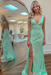 Mint Sequins V Neck Backless Sleeveless High Slit Prom Dress