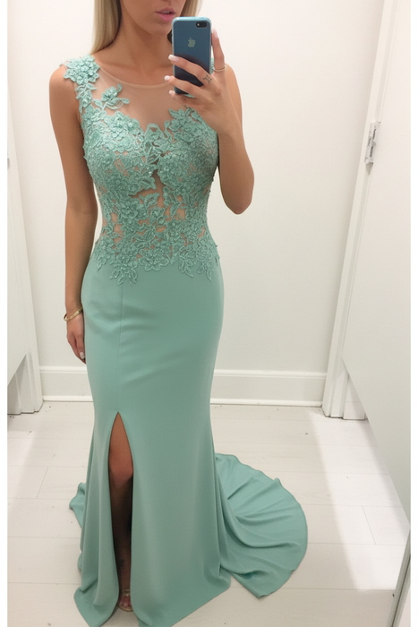 Mint Sheath/Column Scoop Sleeveless Applique Chiffon Dresses - Prom Dresses