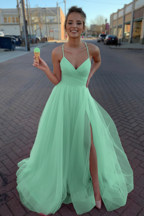 Mint Simple A Line V Neck Tulle Long Prom Dresses with High  Split
