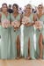 Mint Simple V Neck Sleeveless Sheath Pleated Chiffon Bridesmaid Dress with Split