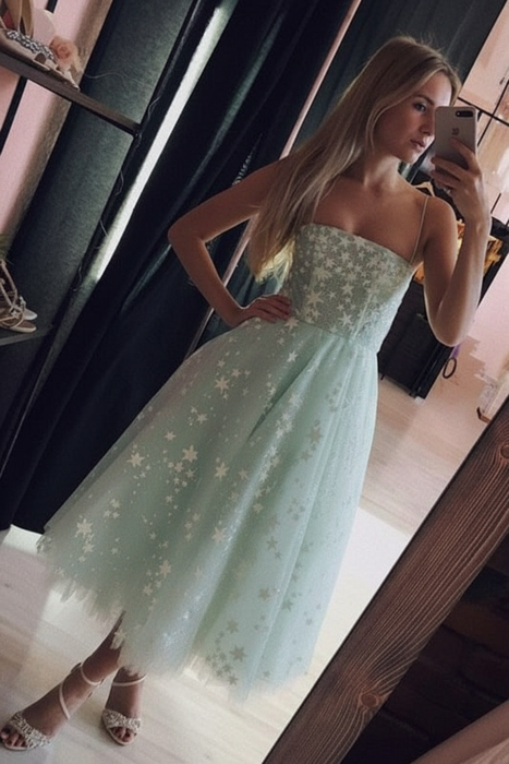 Mint Spaghetti Strap Tea Length Tulle Homecoming Dress Midi Prom Dresses - Prom Dresses