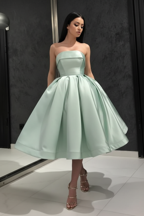 Mint Strapless Tea Length Prom Dress Sleeveless Aline Homecoming Dress Satin Cocktail Dress