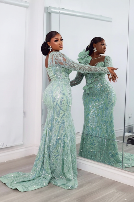 Mint Stylish One-Shoulder Deep V-Neck Mermaid Prom Dress with Appliques