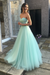 Mint Sweetheart Neck Open Back Lace Long Prom Dresses