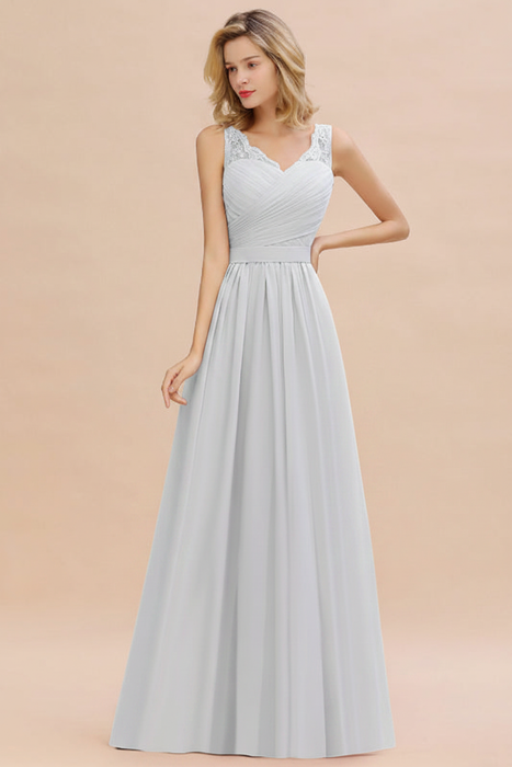 Mist Modest Floral Lace A-line Bridesmaid Dress V-Neck Floor Length Chiffon Wedding Guest Dress 