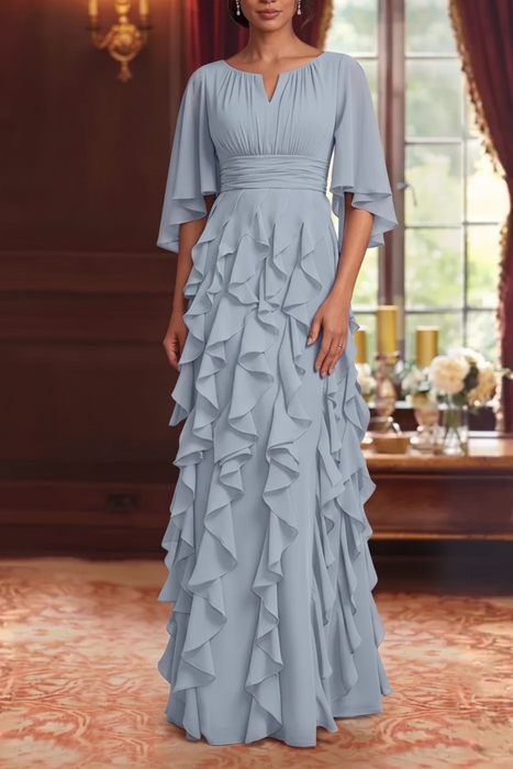 Mist Chiffon Mother of the Bride Dress Flutter Sleeves with Cascading Ruffles