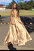 Mocha Mousse Spaghetti Straps Deep V Neck Sleeveless A Line Prom Dress Satin with Ruffles