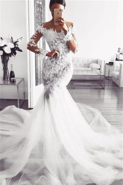 Modern Mermaid Wedding Dress with Long Sleeves and Lace Appliques - Wedding Dresses